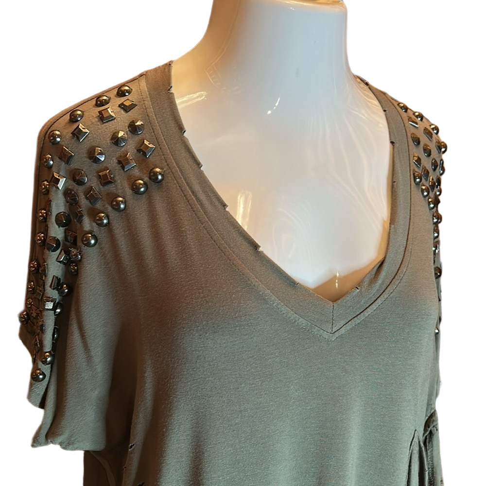 ANTHROPOLOGIE’S “POL” Army Green Distressed Tee Dress w/ Stud Decor Size M - Picture 4 of 13
